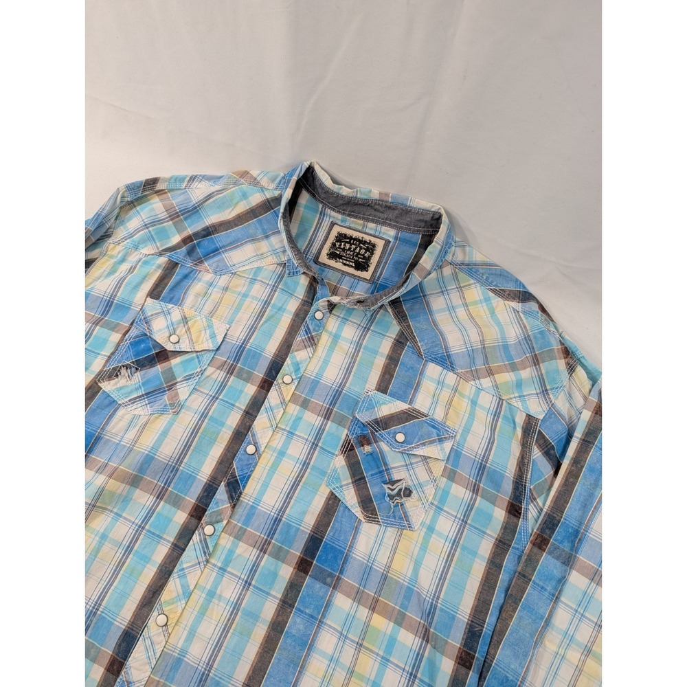 BKE Pearl Snap Western Shirt Men's‎ 4XL Blue Plaid Long Sleeve Athletic Fit